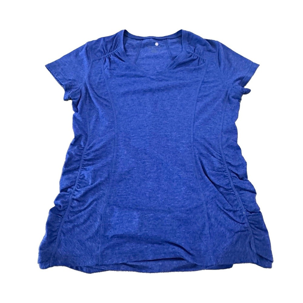 Tangerine Women's L Blue Ruched V-Neck Short Sleeve Stretch Jersey T-Shirt